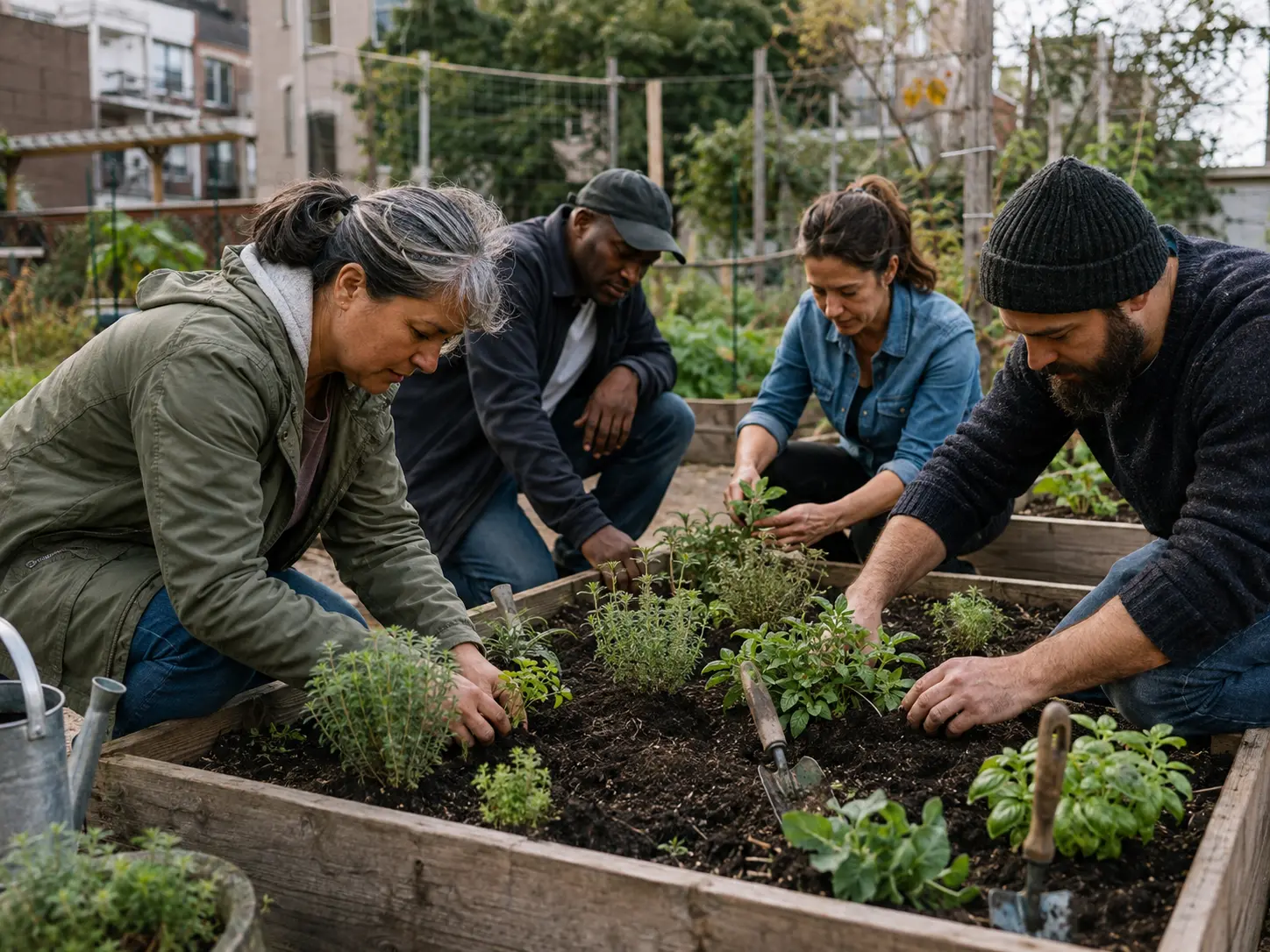 Adult volunteers planting together in a community garden
